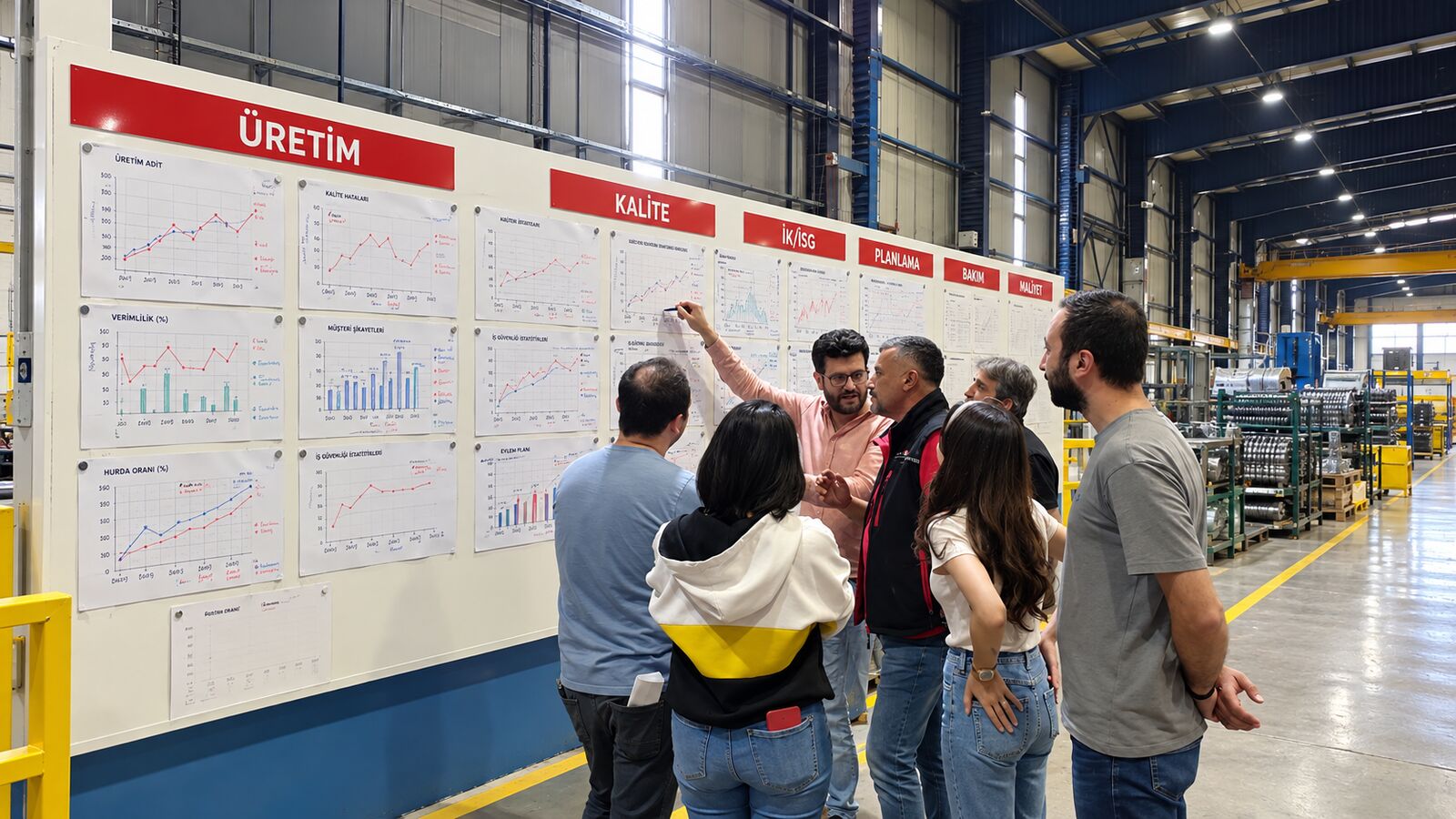 Üretim sahasında pano önünde günlük toplantı yapan ekip