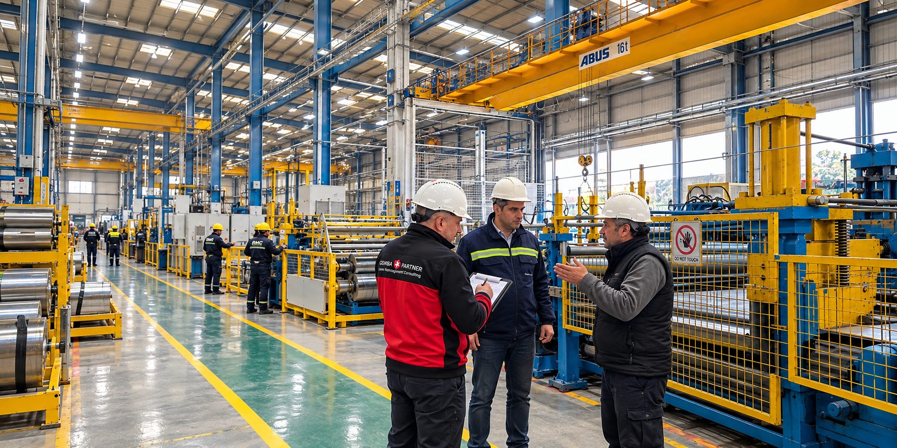 Gemba Partner consultants conducting a lean process analysis on the production floor