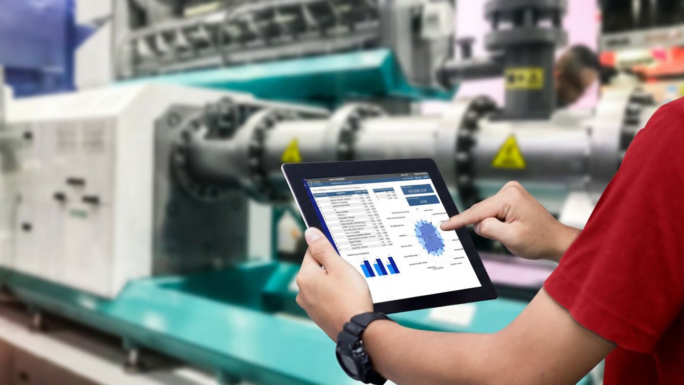 Tablet üzerinde üretim verilerini inceleyen saha çalışanı