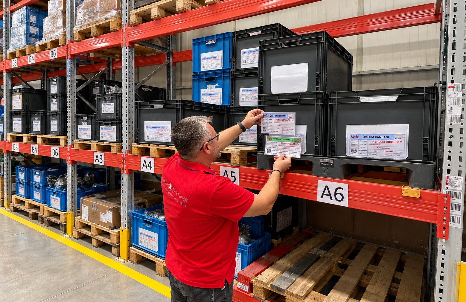 Gemba Partner danışmanı depoda kanban sistemini incelerken