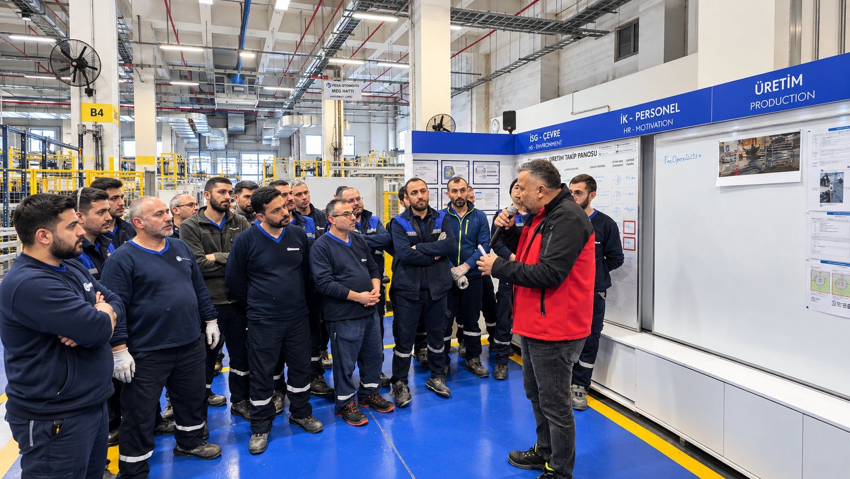 Gemba Partner danışmanı üretim sahasında ekiple bilgilendirme toplantısı yaparken