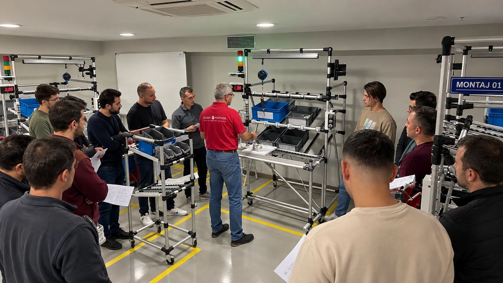 Gemba Partner trainer with the workshop team on the shop floor