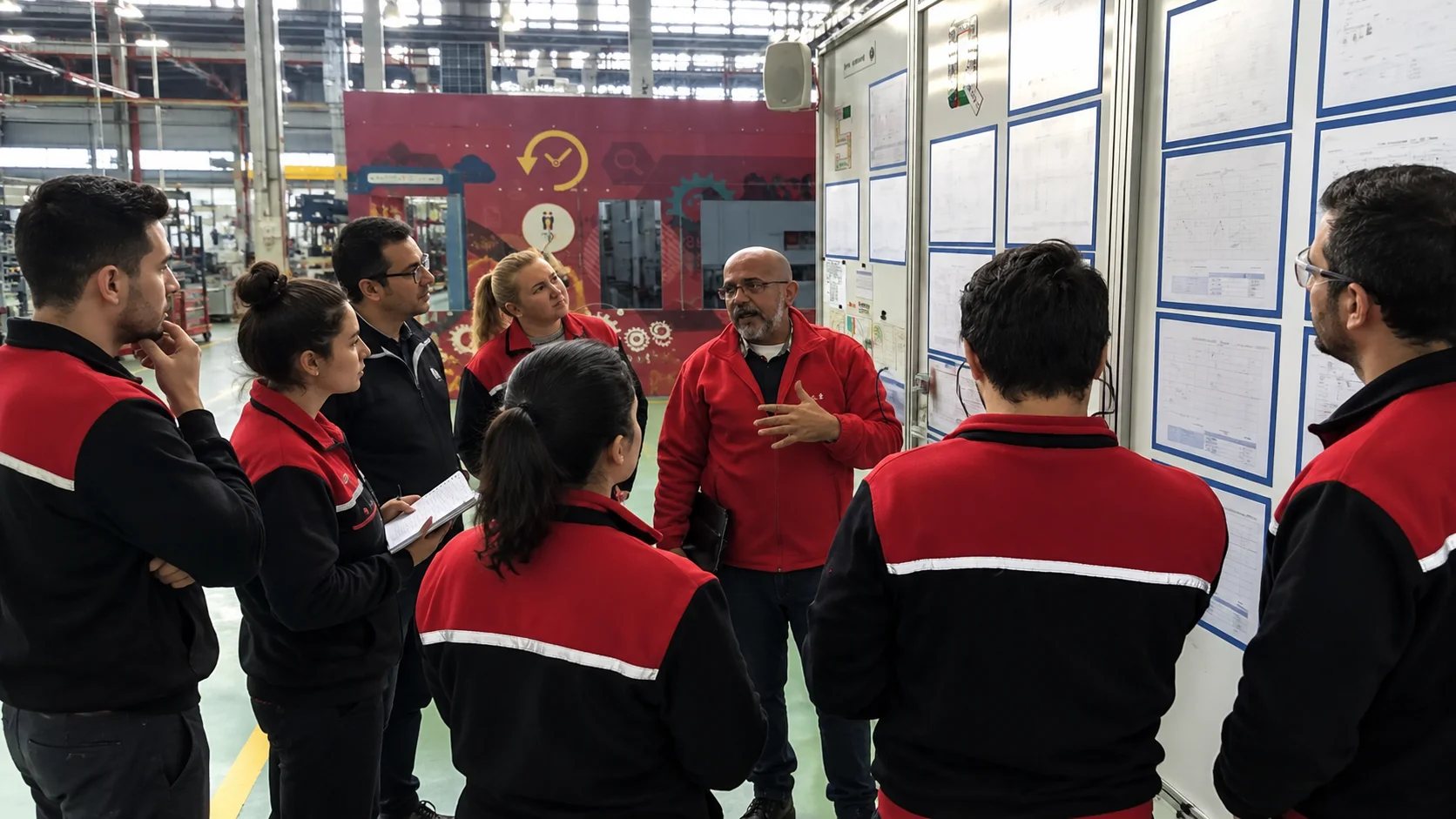 Gemba Partner team reviewing process maps and daily management boards on the shop floor