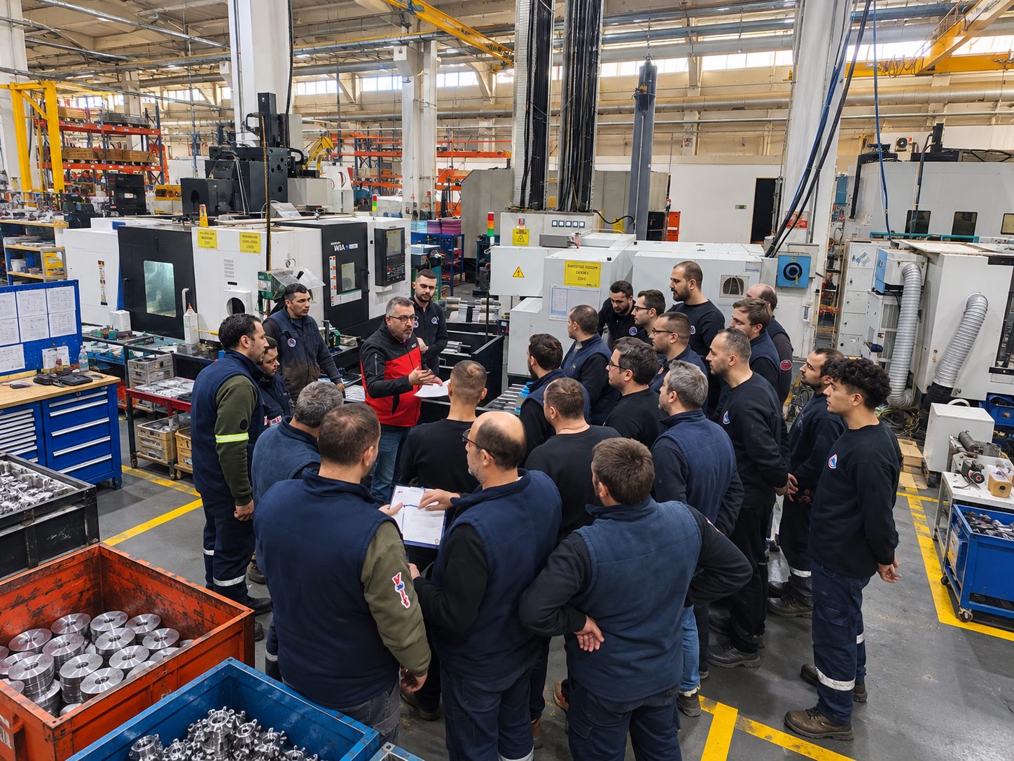 Interim operations management approach, Gemba Partner consultant leading the team in a shop floor meeting
