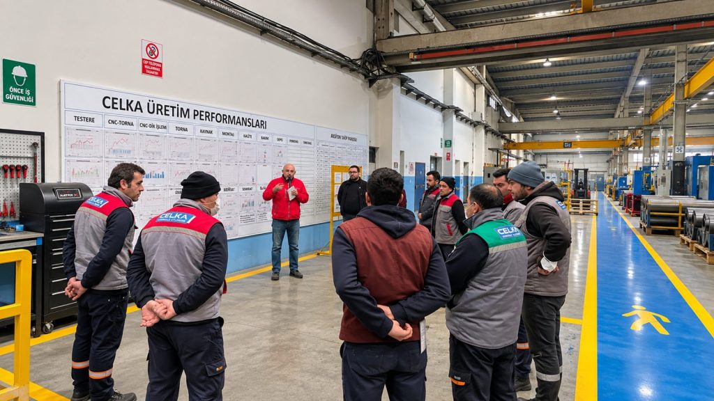 Üretim performans panosu ve saha işaretlemeleri önünde toplanan ekibe görsel yönetim sunumu yapılıyor