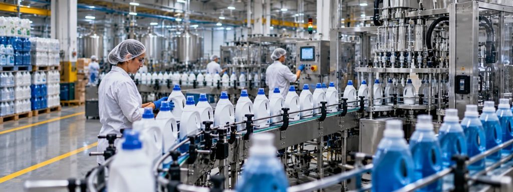 Automatic filling line at a chemical and detergent production facility