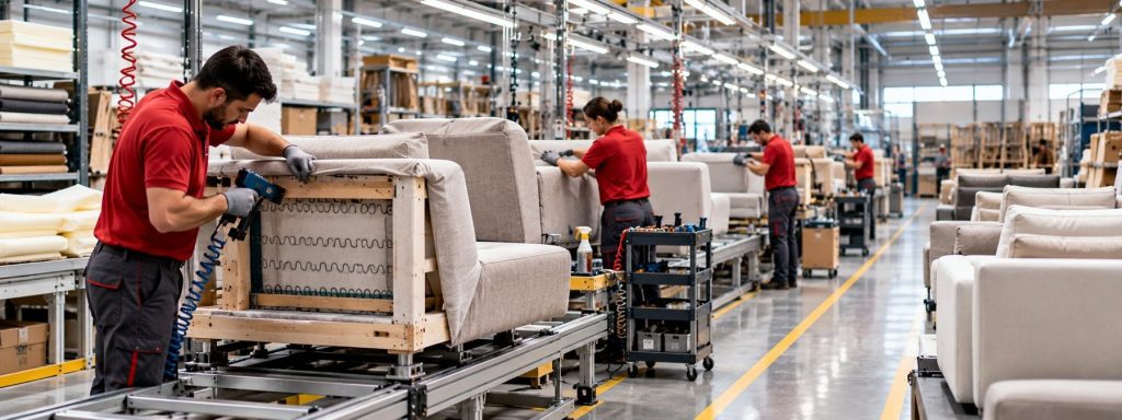 Operators assembling sofas at a furniture production facility