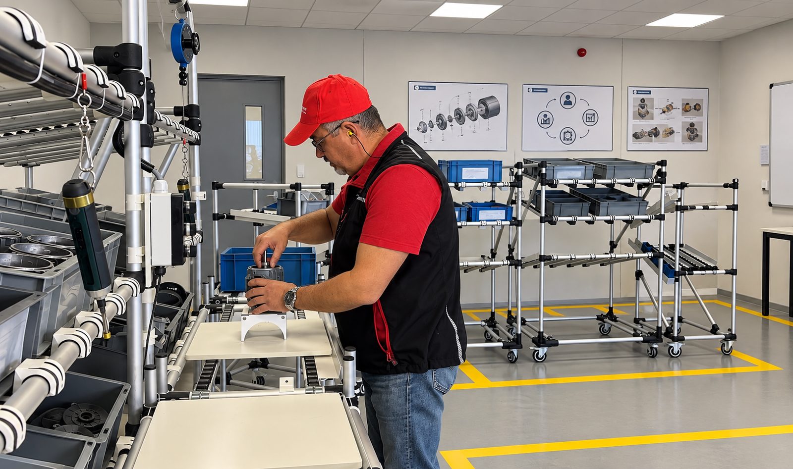 Model fabrika alanında esnek raf sistemi ve eğitim panoları önünde montaj yapan operatör