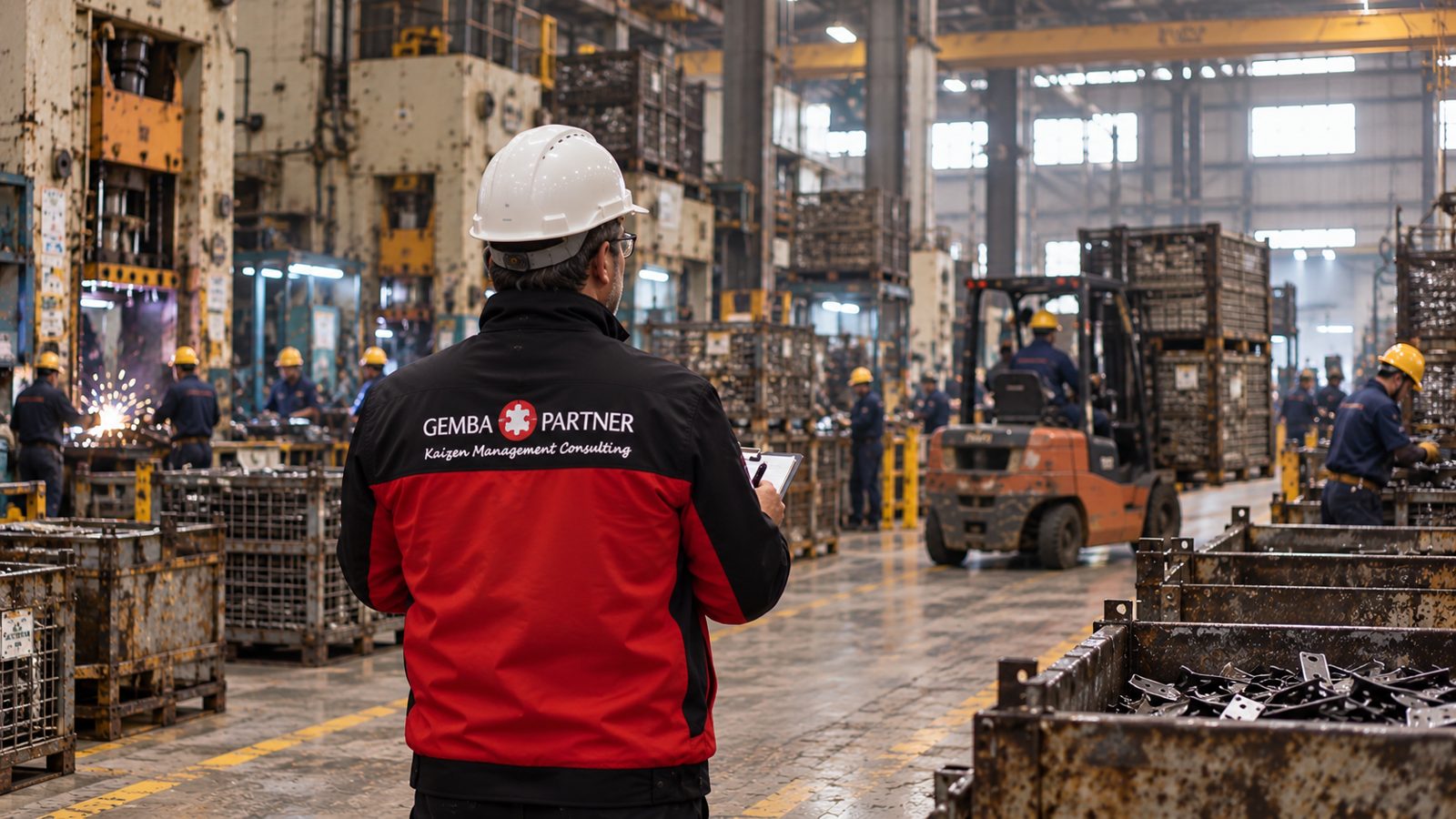 Gemba Partner danışmanı üretim sahasında stok sepetleri ve forklift hareketlerini gözlemleyerek not alıyor