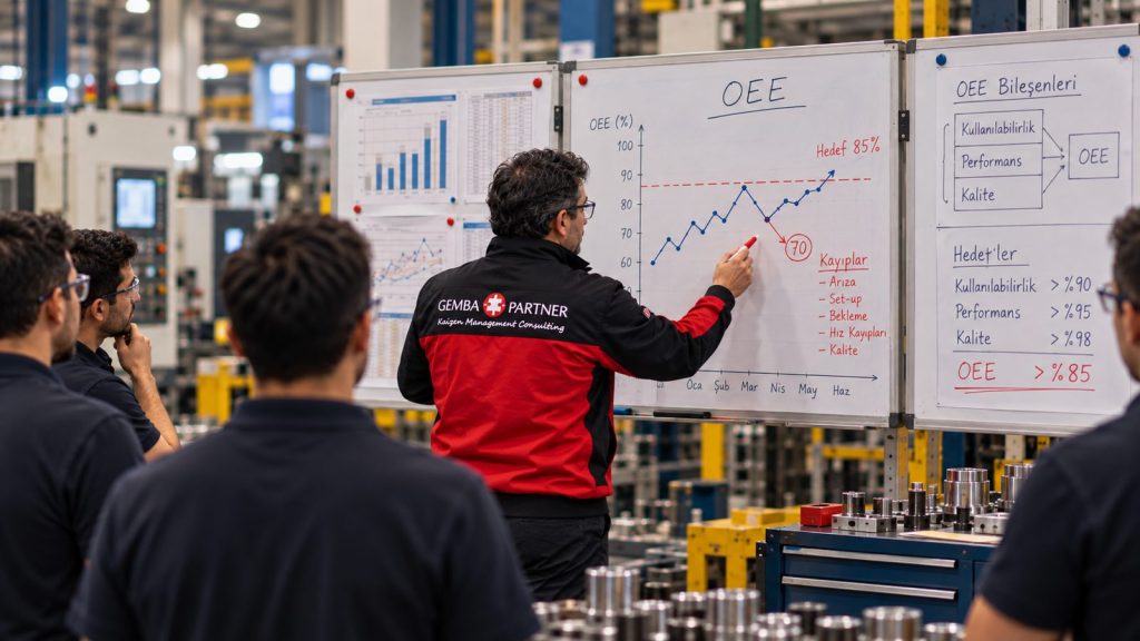 Gemba Partner danışmanı beyaz tahtada OEE trendini, kayıp türlerini ve OEE hedefini ekibe anlatıyor