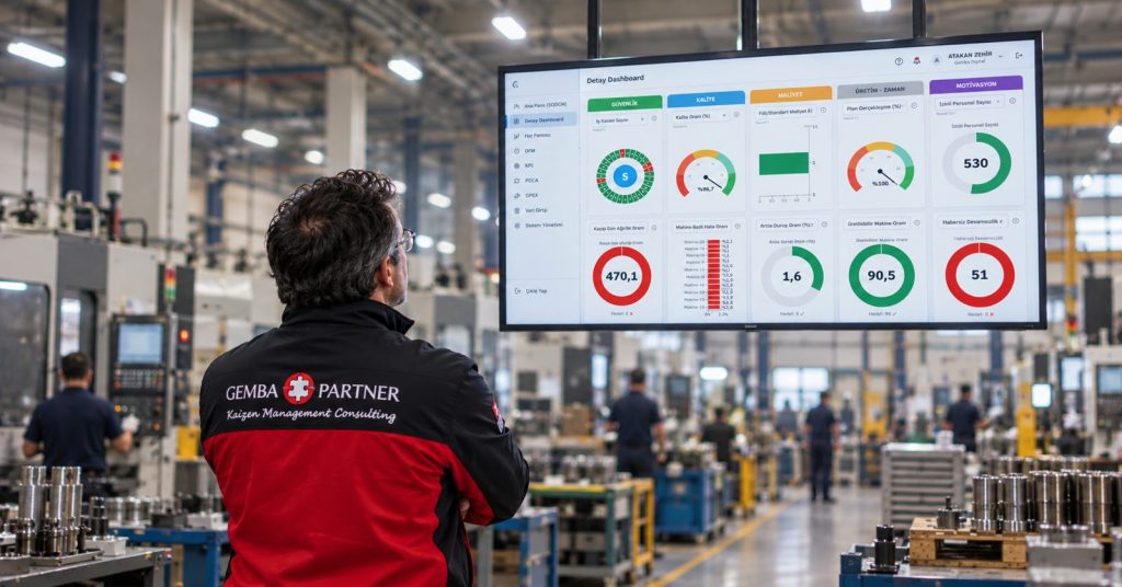 Üretim sahasında Gemba Partner danışmanı büyük ekranda güvenlik, kalite, maliyet ve üretim göstergelerini içeren dashboard'u inceliyor