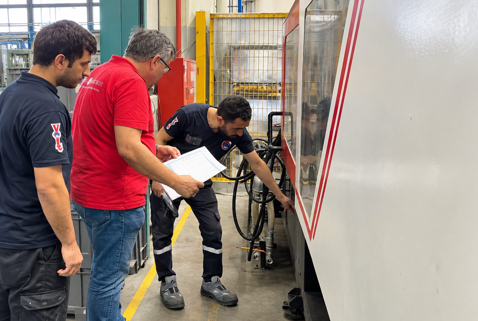 Operatör ve Gemba Partner danışmanı makine üzerinde kontrol listesiyle otonom bakım noktalarını inceliyor