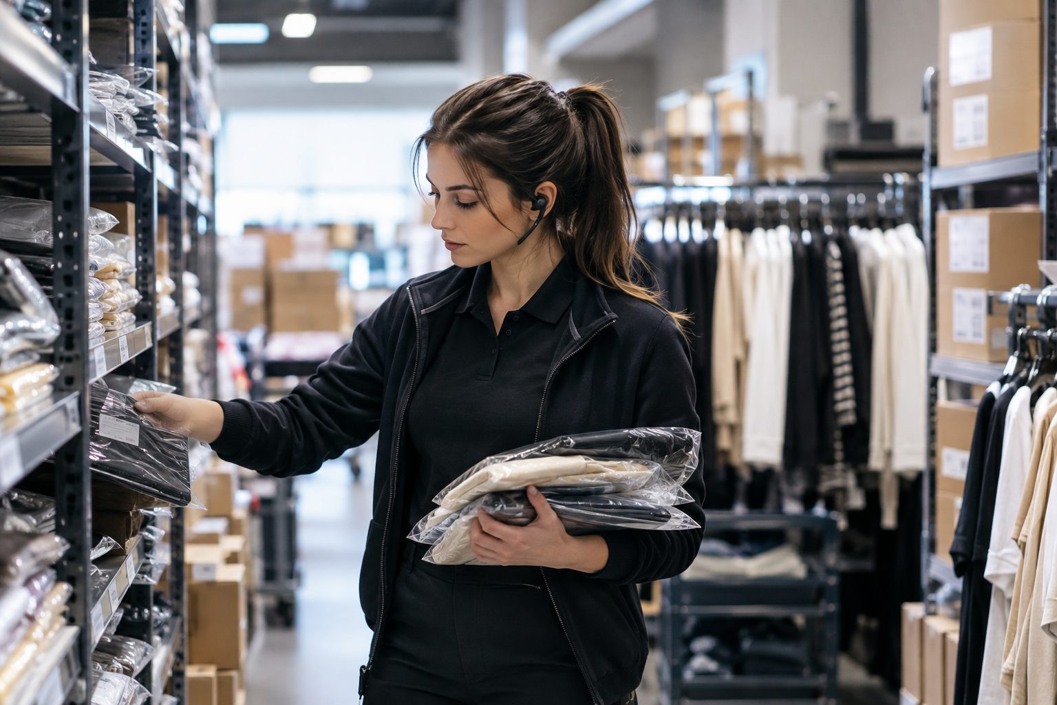 Layout and stock arrangement at work in a retail store warehouse