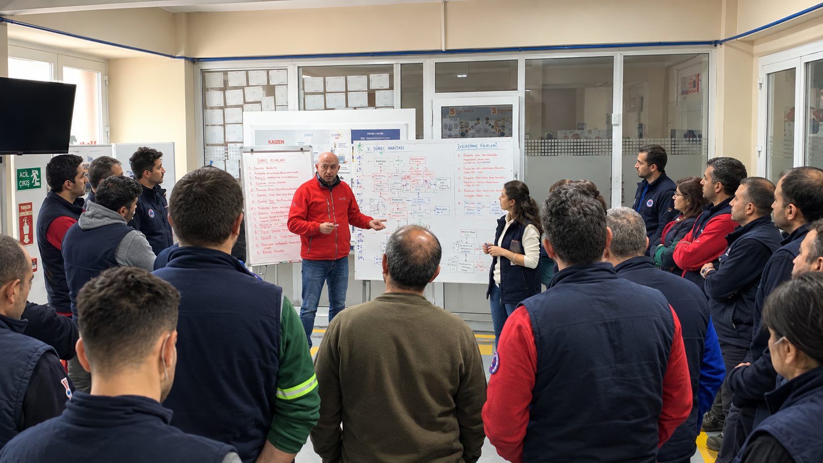 Gemba Partner ekibi sahada süreç haritası ve günlük yönetim panolarını incelerken