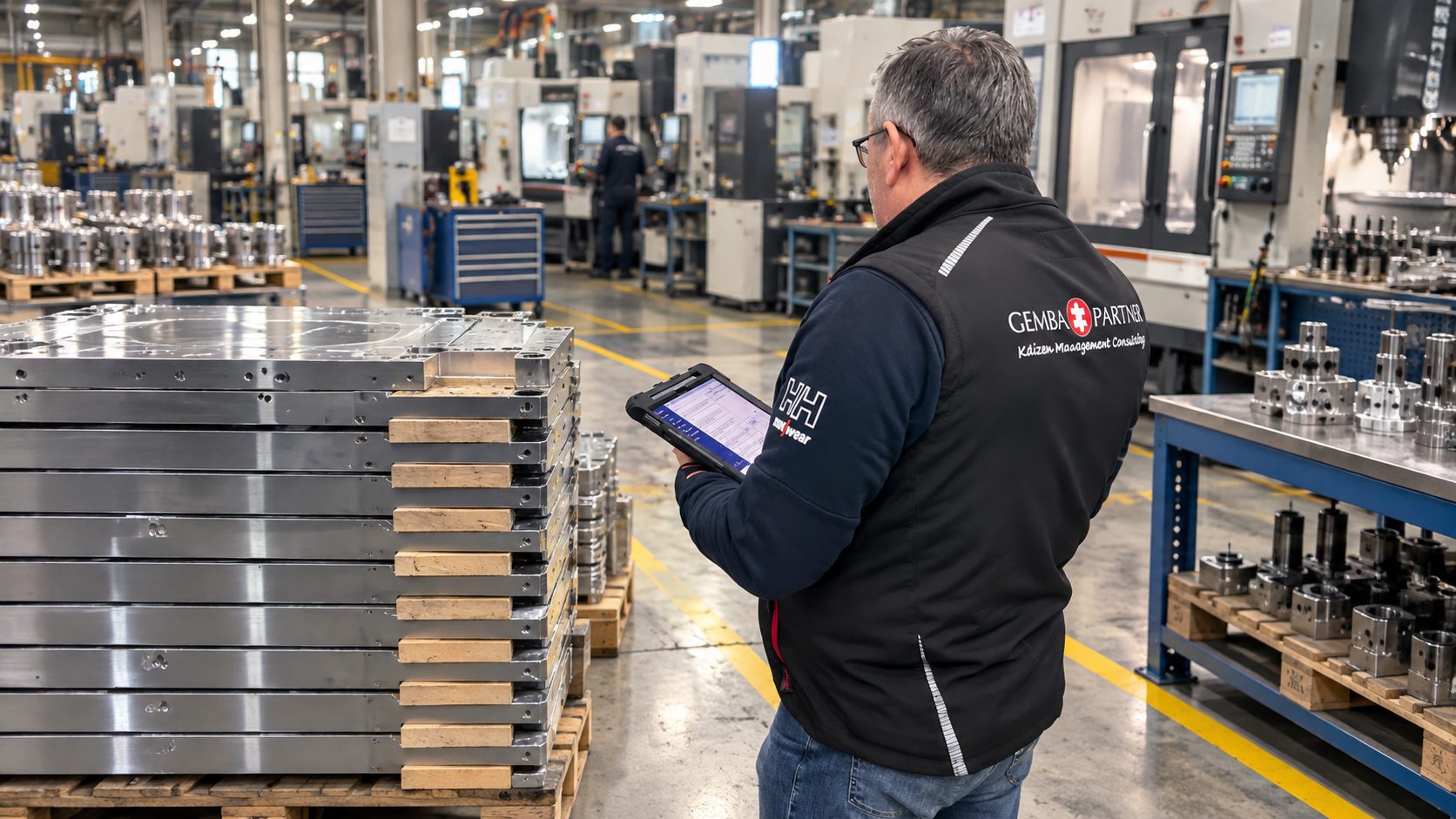 Gemba Partner danışmanı savunma sanayii talaşlı imalat sahasında tablet ile audit çalışması yaparken