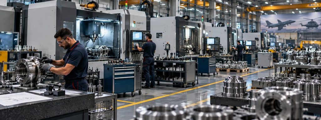 Precision machining on CNC machines at a defense industry production facility