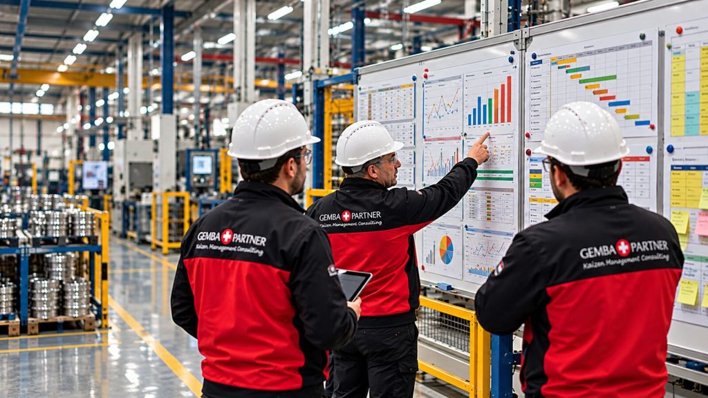 Shop floor management panosunda hedef ve sapmaları gösteren Gemba Partner ekibi