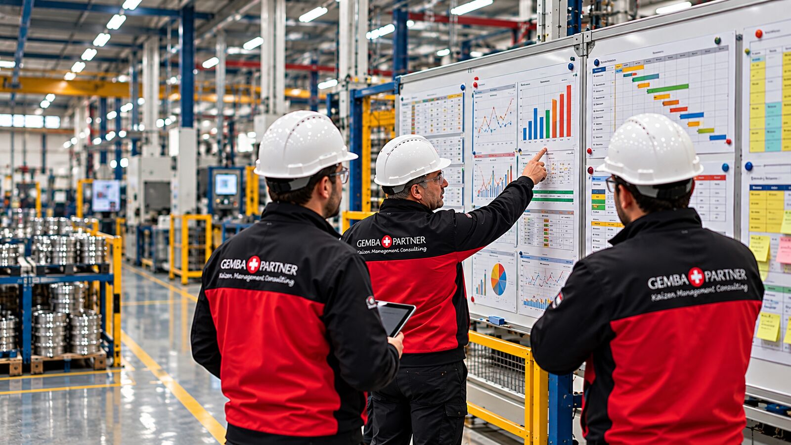 Shop floor management panosunda hedef ve sapmaları gösteren Gemba Partner ekibi