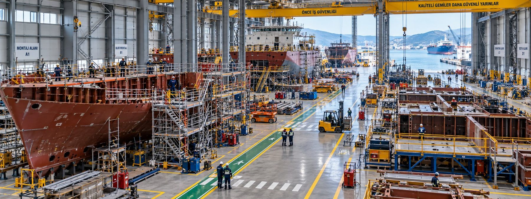 Tersane üretim holünde gemi blokları ve tavan vinçleri