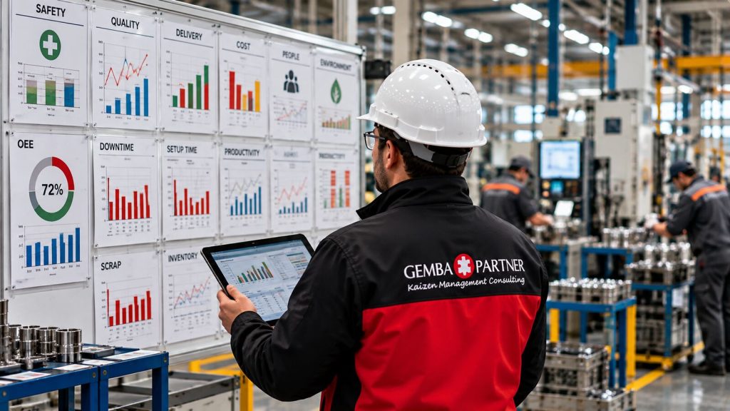Fabrikada KPI panosunu tablet ile inceleyen Gemba Partner danışmanı